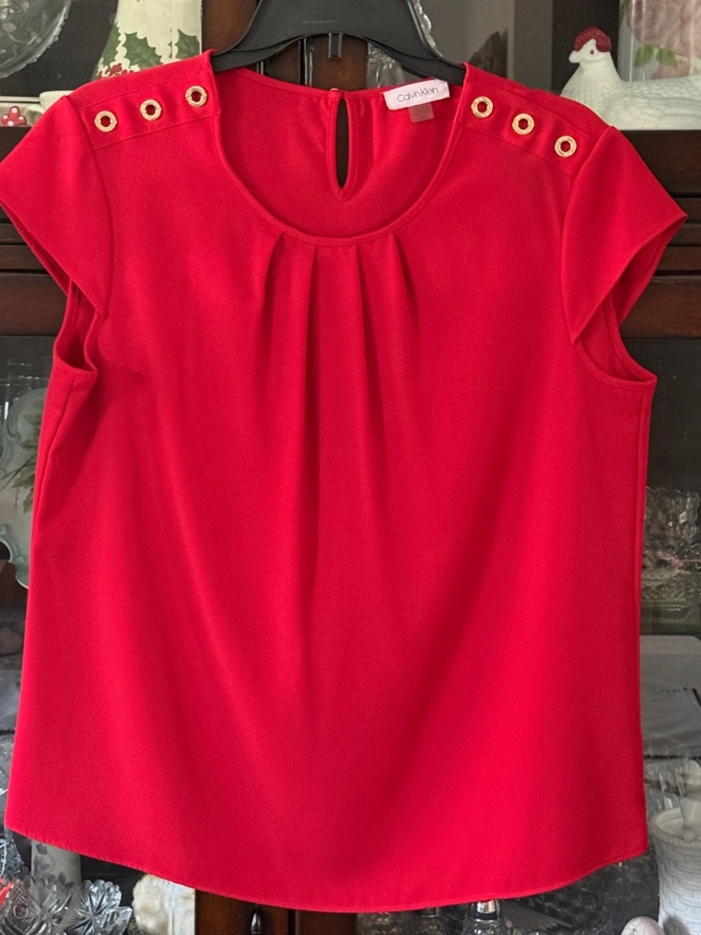 Calvin Klein Bright Red Sleeveless Blouse with Gold Grommet Detail
